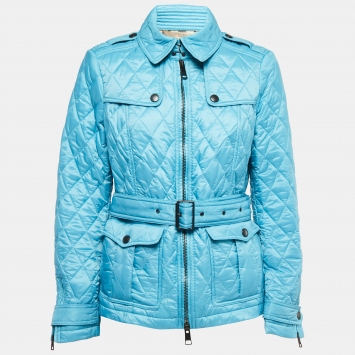 Pre Owned Burberry Brit Blue Quilted Nylon Zip Front Belted Jacket M
