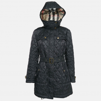 Pre Owned Burberry Brit Black Finsbridge Check Synthetic Quilted Coat L