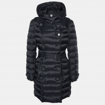 Pre Owned Burberry Brit Black Quilted Synthetic Longline Belted Puffer Coat L