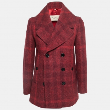 Pre Owned Burberry Brit Red Checked Patterned Wool Double-Breasted Coat S