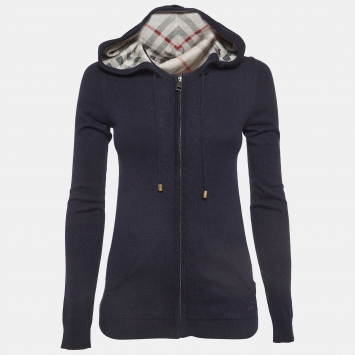 مملوكة مسبقًا Burberry Brit Navy Blue Cashmere and Cotton Knit Hooded Jacket XS