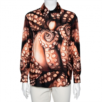 Pre Owned Burberry London Brown Octopus Print Silk Long Sleeve Shirt S