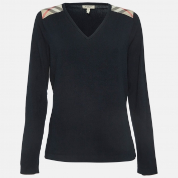 Pre Owned Burberry London Black Shoulder Patch Jersey V-Neck T-Shirt L