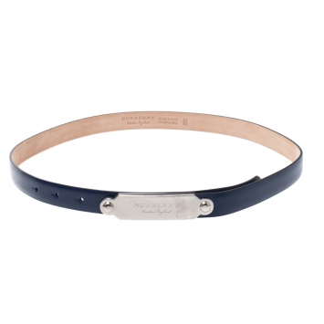 Pre Owned Burberry Blue Leather Reese Slim Belt 80CM