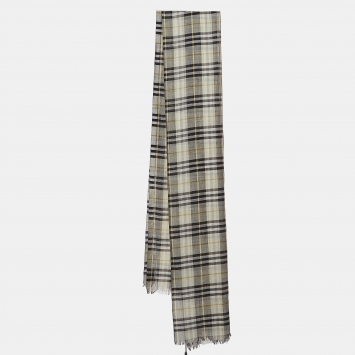 Pre Owned Burberry Green Vintage Check Wool and Silk Gauze Fringed Scarf