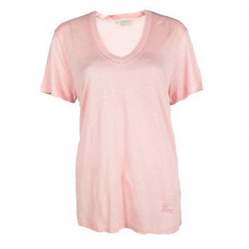 Pre Owned Burberry Brit Coral Pink Linen Knit V-Neck T-Shirt L