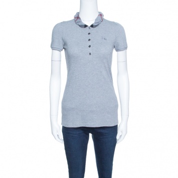 Pre Owned Burberry Brit Grey Melange Novacheck Collar Polo T-Shirt XS