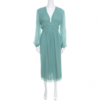Pre Owned Burberry Prorsum Pale Teal Blue Plunge Neck Silk Gathered Waist Midi Dress M