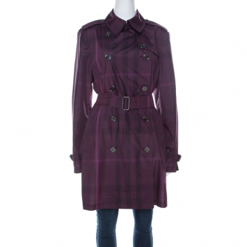 Pre Owned Burberry Brit Plum Purple Novacheck Print Double Breasted Coat L