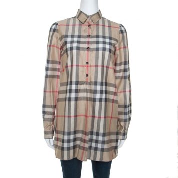 Pre Owned Burberry Brit Beige Novacheck Metallic Knit Half Placket Shirt XS