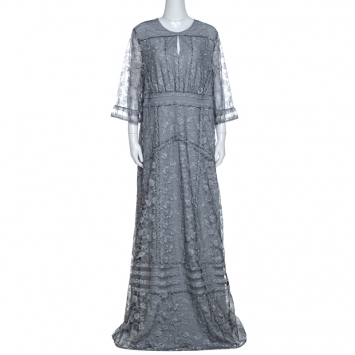 Pre Owned Burberry Silver Floral Lace Tulle Paneled Maxi Dress L