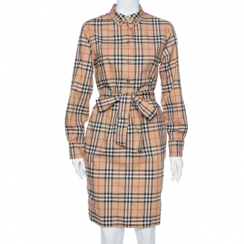 Pre Owned Burberry Beige Cotton Vintage Check Belted Shirt Dress M
