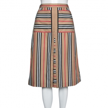 Pre Owned Burberry Beige Icon Striped Pleat Detailed Skirt S