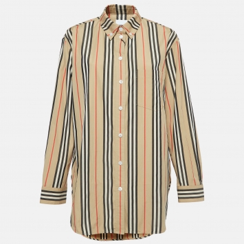 Pre Owned Burberry Beige Striped Cotton Button-Down Shirt L
