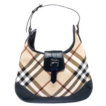 Pre Owned Burberry Jet Blue Nova Check PVC Brooke Hobo