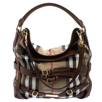 Pre Owned Burberry Brown House Check Canvas Medium Bridle Gosford Hobo