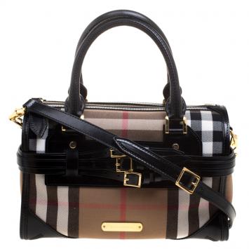 Pre Owned Burberry Black House Check Fabric Bridle Chester Bowling Bag