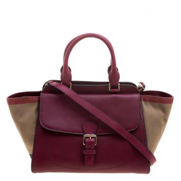 Pre Owned Burberry Burgundy House Check Leather and Canvas Medium Harcourt Tote