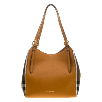 Pre Owned Burberry Tan/Beige Leather and House Check Fabric Small Canterbury Tote