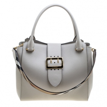 Pre Owned Burberry Off White Leather Medium Buckle Tote