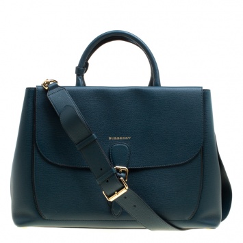 Pre Owned Burberry Dark Teal Leather Large Saddle Tote
