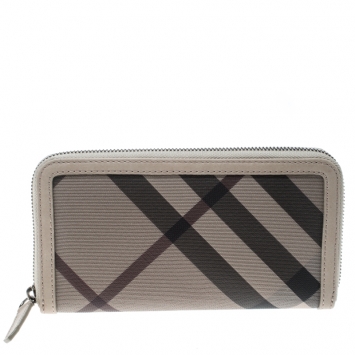 Pre Owned Burberry Beige Smoked Check Zip Around Wallet 