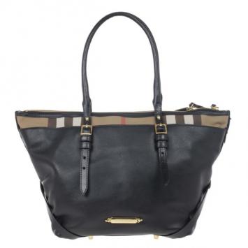 Pre Owned Burberry Black House Check Canvas and Soft Leather Salisbury Tote