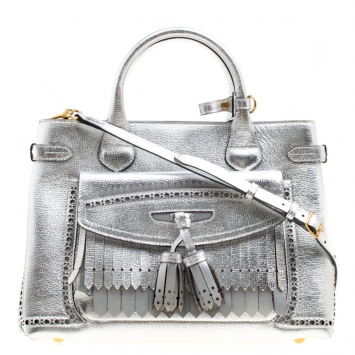 Pre Owned Burberry Metallic Leather Brogues Banner Fringe Top Handle Bag