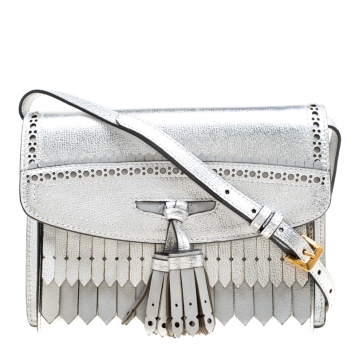 Pre Owned Burberry Silver Leather Small Fringed Macken Crossbody Bag 