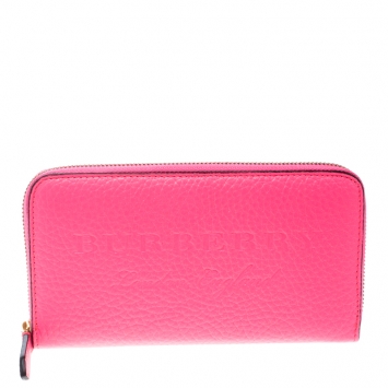 Pre Owned Burberry Neon Pink Leather Zip Around Wallet