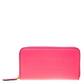Pre Owned Burberry Bright Pink Leather Zip Around Wallet