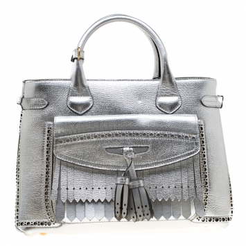 Pre Owned Burberry Silver Leather Medium Brogue Banner Tote