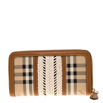 Pre Owned Burberry Beige/Brown House Check PVC and Leather Zip Around Wallet