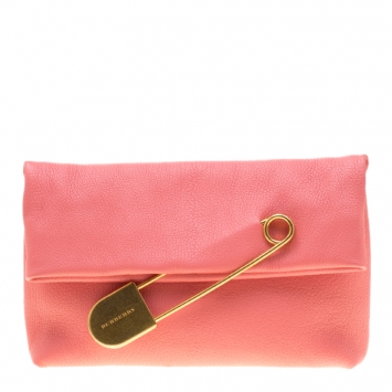 Pre Owned Burberry Coral Pink Leather Pin Clutch