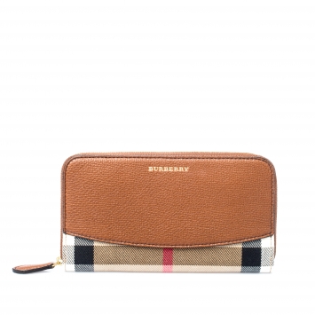 Pre Owned Burberry Brown House Check Canvas and Leather Elmore Zip Round Wallet