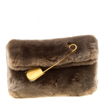 Pre Owned Burberry Light Grey Faux Fur Medium Pin Clutch
