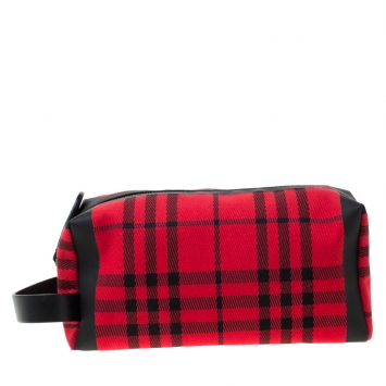 Pre Owned Burberry Military Red Check Canvas Washbag Pouch