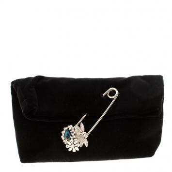 Pre Owned Burberry Black Velvet Crystal Embellished Pin Clutch