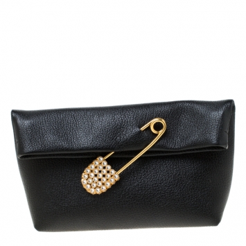 Pre Owned Burberry Black Leather Crystal Embellished Pin Clutch
