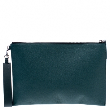 Pre Owned Burberry Dark Green Leather Wristlet Pouch