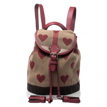 Pre Owned Burberry Red/Beige Heart Check Canvas and Leather Drawstring Backpack