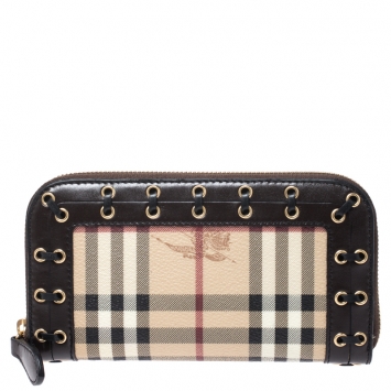Pre Owned Burberry Beige/Brown Haymarket Check Canvas and Leather Corset Zip Around wallet
