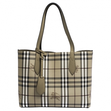 Pre Owned Burberry Beige Haymarket Check Leather Small Reversible Tote
