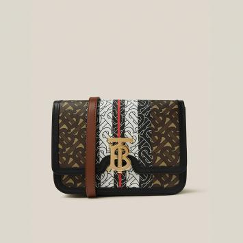Pre Owned Burberry Brown TB-Print Canvas and Leather Crossbody Bag