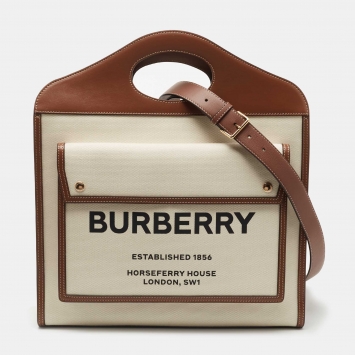 Pre Owned Burberry White/Brown Canvas and Leather Pocket Tote