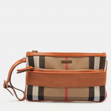 Pre Owned Burberry Beige/Brown House Check Canvas and Leather Wristlet Clutch
