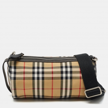 Pre Owned Burberry Black/Beige House Check Canvas and Leather Small Kennedy Barrel Bag