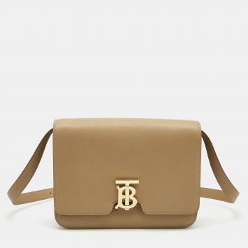 Pre Owned Burberry Beige Leather Medium TB Shoulder Bag