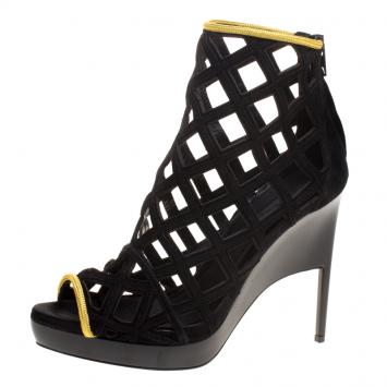 Pre Owned Burberry Prorsum Black Suede and Gold Edenside Cage Wedge Ankle Boots Size 41
