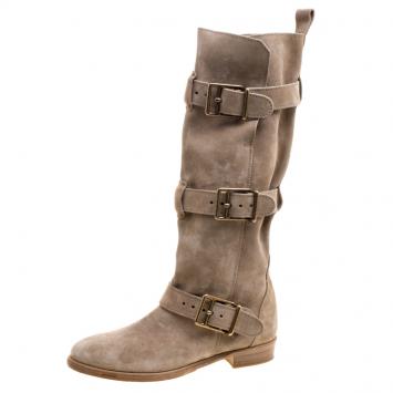 Pre Owned Burberry Beige Suede Buckle Strap Boots Size 40